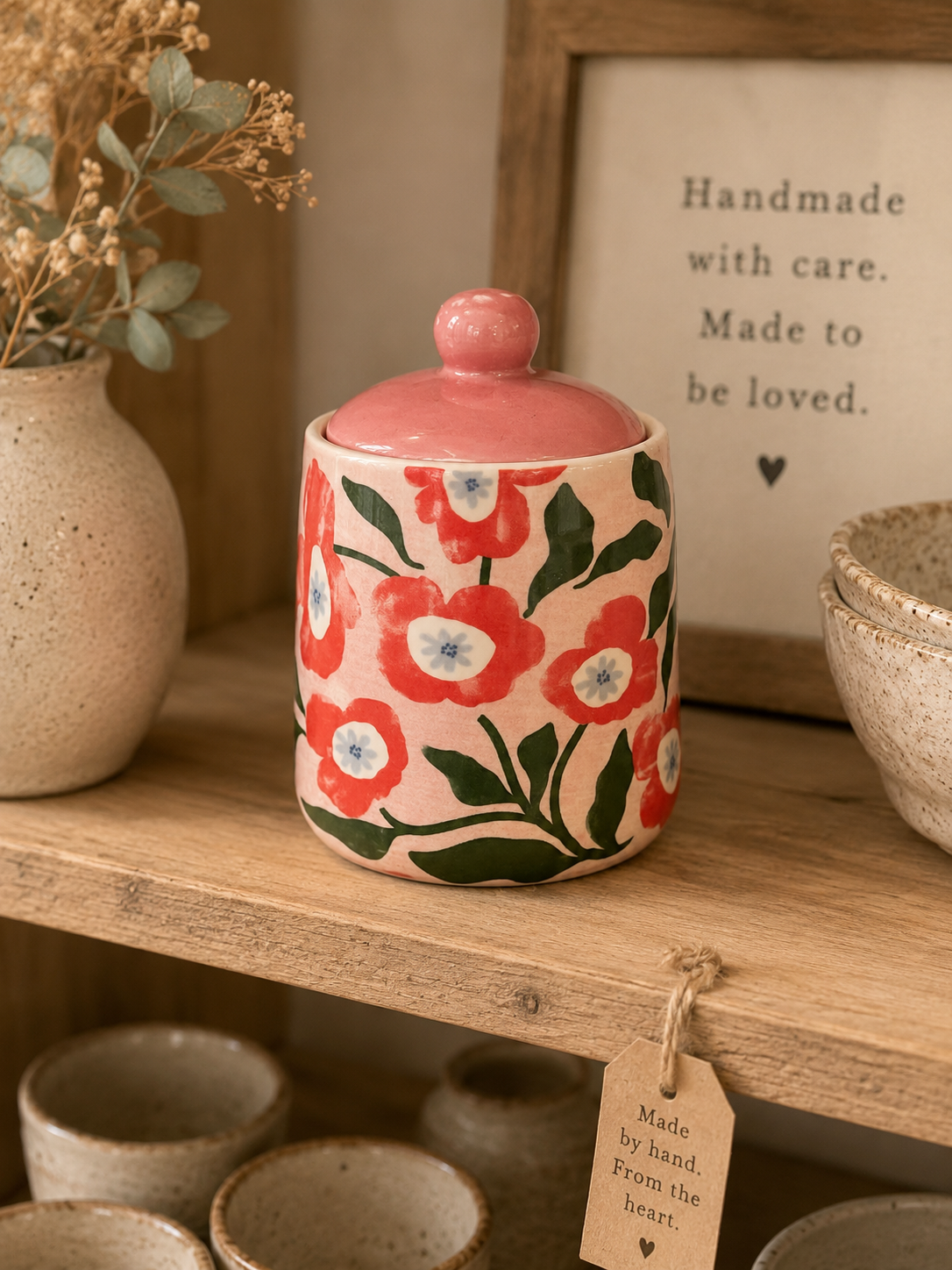 Red Flowers Ceramic Sugar Bowl