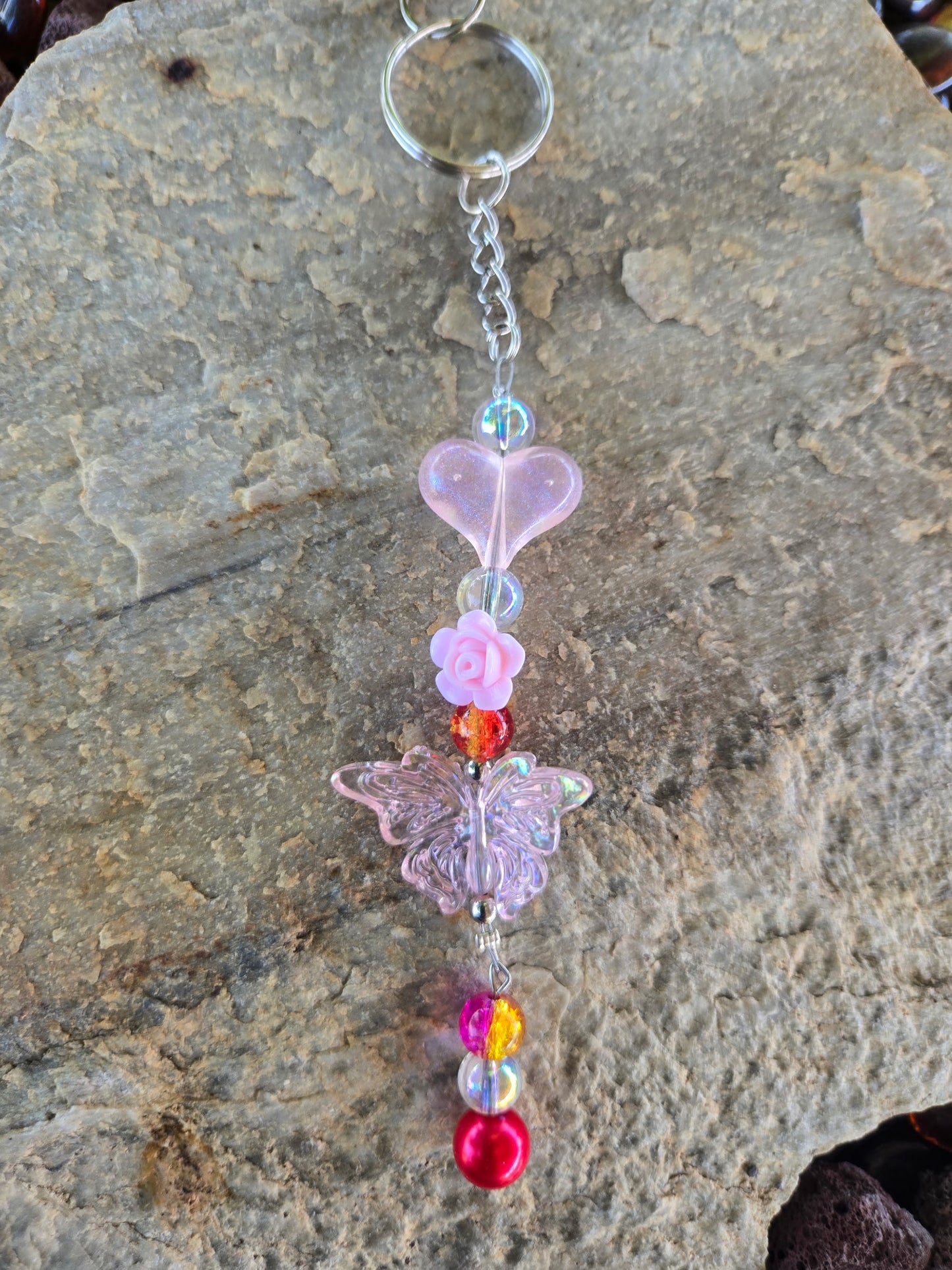 Dainty Pink Butterfly and Heart Keychain