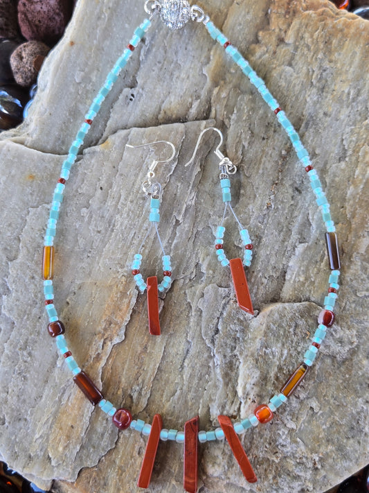 Turquoise and Burgundy Necklace & Earring Set