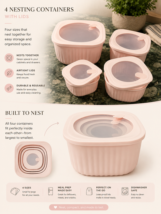 Plastic Nestled Storage Bowls and Lips - Pink (4 Bowls and Lids)