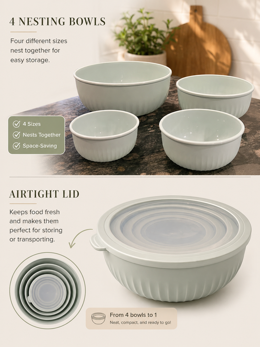 Plastic Nesting Bowls - Green (Set of 4 with Lids)