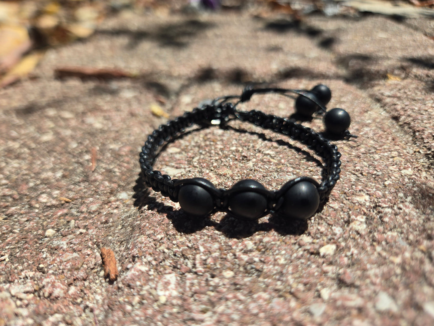 Wrap Braided Bracelet Black Beads,  with leather Cord