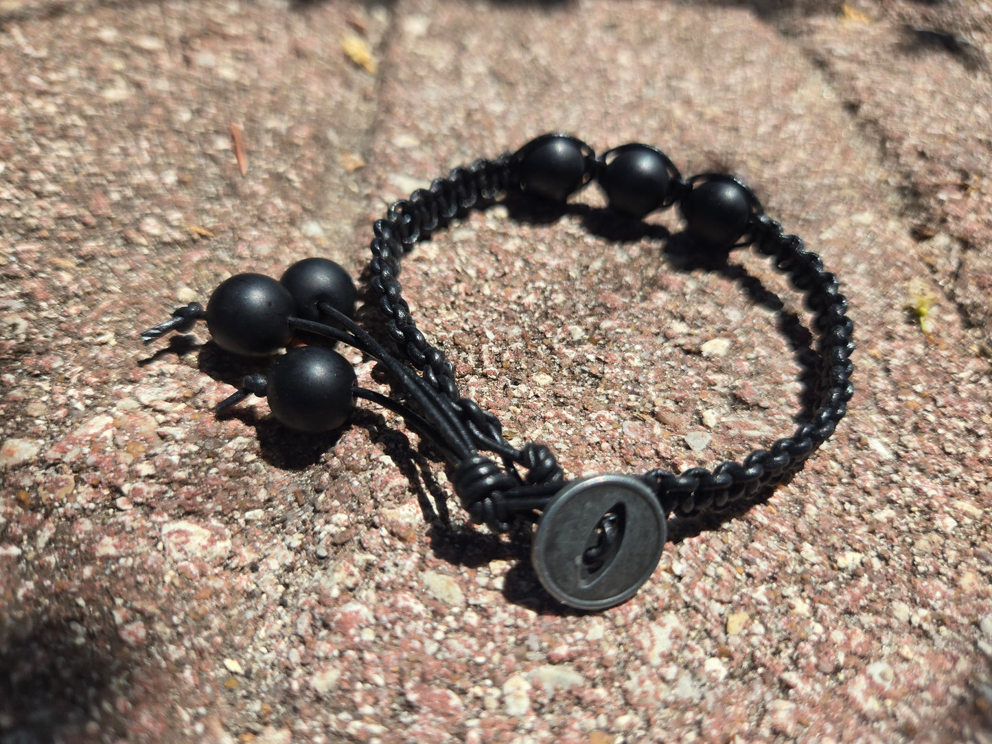 Wrap Braided Bracelet Black Beads,  with leather Cord