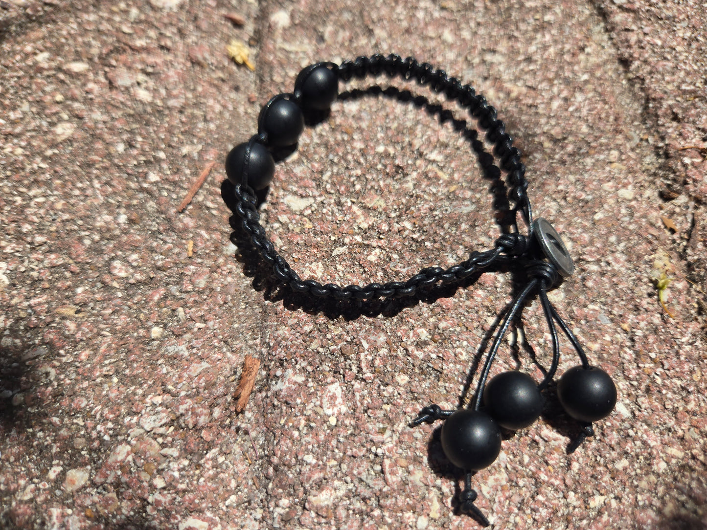Wrap Braided Bracelet Black Beads,  with leather Cord
