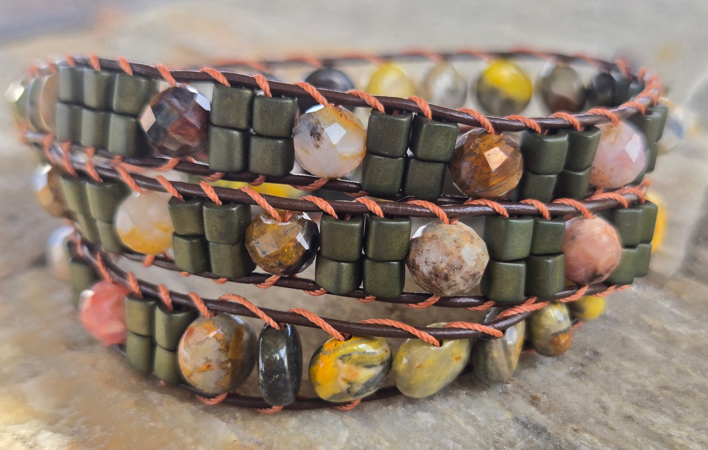 Braided Bracelet with Bumble Bee, Jasper, Piertersite Stones.