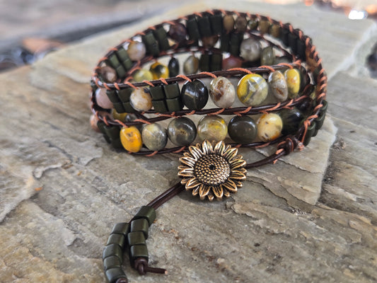 Braided Bracelet with Bumble Bee, Jasper, Piertersite Stones.