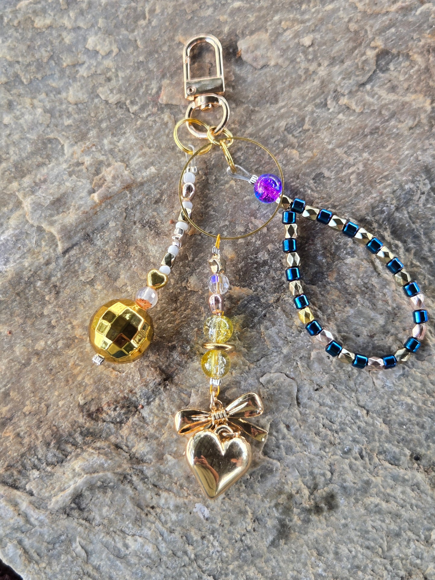 Trio with Gold Heart, Disco Ball, and Blue Beads